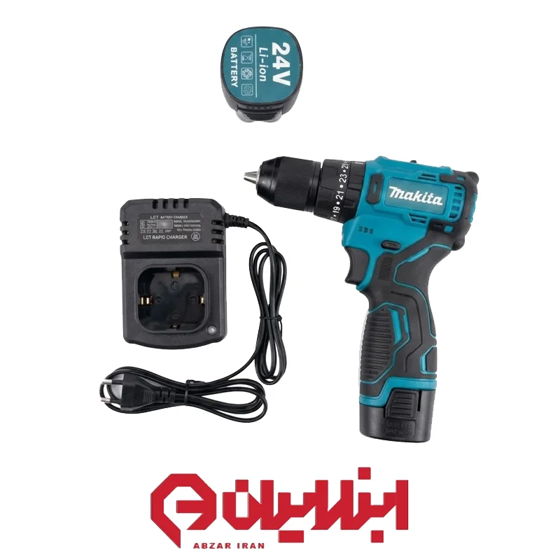 دریل شارژی ۱۳ میلیمتر سه نظام فلزی براشلس ۲۴ ولت طرح ماکیتا
